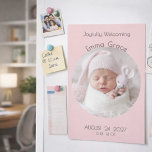 Modern Pink Circle Photo Magnet Birth Announcement<br><div class="desc">Modern Pink Circle Photo Magnet Birth Announcement. Share your joy with this modern sweet photo birth announcement magnet. The simple design features a pale pink solid background and a circular custom photo frame highlighted by elegant arched typography. This personalized photo keepsake is a perfect way to introduce your newborn to...</div>