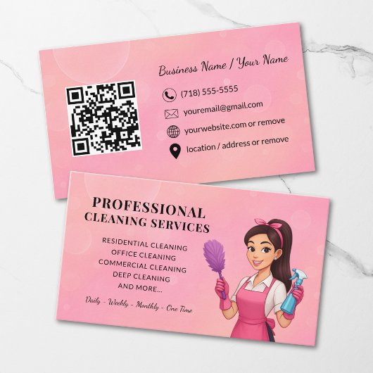Modern Pink Cleaning Service Business Card Visitekaartje