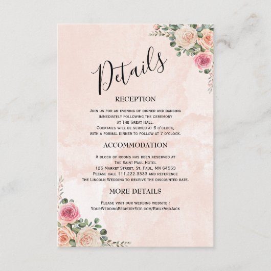 Modern Pink Cream Floral Wedding Enclosure Cards Informatiekaartje (Voorkant)
