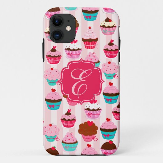 Modern Pink Cupcakes Girly Monogrammed Case-Mate iPhone Case (Achterkant)