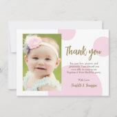 Modern Pink Dots Gold First birthday baptism photo Bedankkaart (Voorkant)