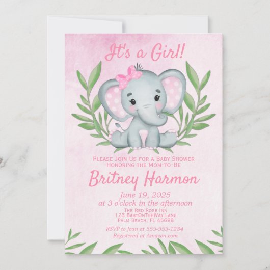 Modern Pink Elephant Safari Girl Baby shower Kaart (Voorkant)