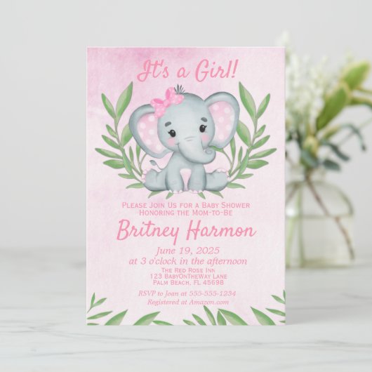 Modern Pink Elephant Safari Girl Baby shower Kaart (Staand voorkant)