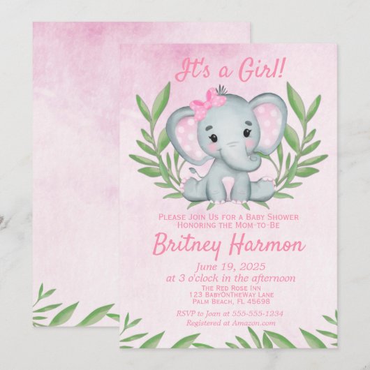 Modern Pink Elephant Safari Girl Baby shower Kaart (Voorkant / Achterkant)