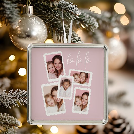 Modern Pink “Fa La La” Multi Photo Christmas Metalen Ornament
