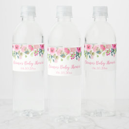 Modern Pink Floral Baby shower Waterfles Etiket
