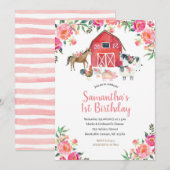 Modern Pink Floral Boerderij 1e verjaardag Uitnodi Kaart (Voorkant / Achterkant)