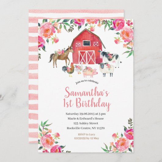 Modern Pink Floral Boerderij 1e verjaardag Uitnodi Kaart (Voorkant / Achterkant)