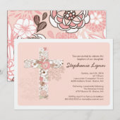 Modern Pink Floral Cross Girls Baptisme Uitnodigin Kaart (Voorkant / Achterkant)
