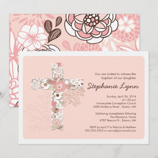 Modern Pink Floral Cross Girls Baptisme Uitnodigin Kaart (Voorkant / Achterkant)