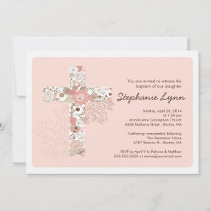 Modern Pink Floral Cross Girls Baptisme Uitnodigin Kaart