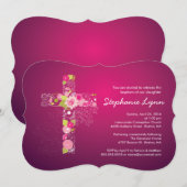 Modern Pink Floral Cross Girls Baptisme Uitnodigin Kaart (Voorkant / Achterkant)