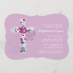 Modern Pink Floral Cross Girls Baptisme Uitnodigin Kaart