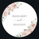 Modern Pink Floral Dusty Roos Elegant Wedding Ronde Sticker<br><div class="desc">Elegant floral Wedding Sticker met waterverf beschilderde rozen in stoffige roos roze en groen in grijze tinten,  samen met uw namen. Deze mooie botanische Sticker met de naam Wedding kan worden gebruikt als envelopzegel of als huwelijksgunst en is geweldig voor een lente- of zomerbruiloft.</div>