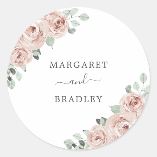 Modern Pink Floral Dusty Roos Elegant Wedding Ronde Sticker (Voorkant)