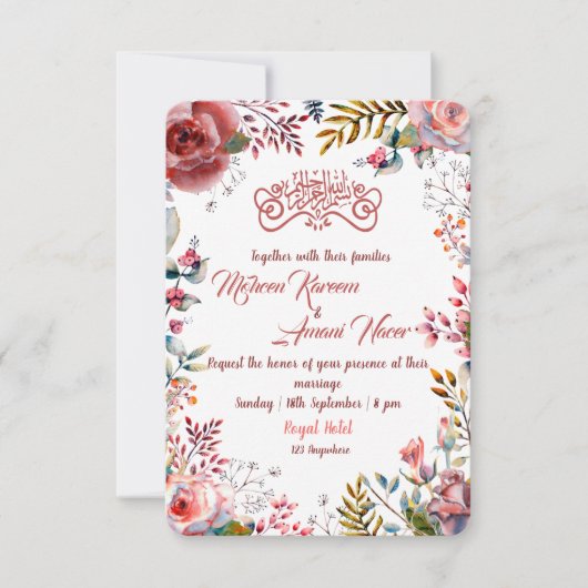 Modern Pink Floral Muslim Wedding Invitation Kaart (Voorkant)