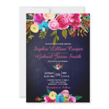 Modern Pink Floral Navy Blue Typography Wedding