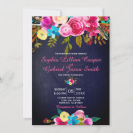 Modern Pink Floral Navy Blue Typography Wedding Kaart