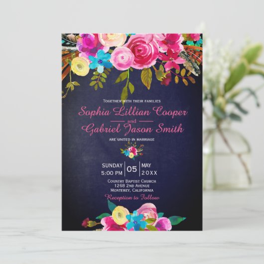 Modern Pink Floral Navy Blue Typography Wedding Kaart (Staand voorkant)