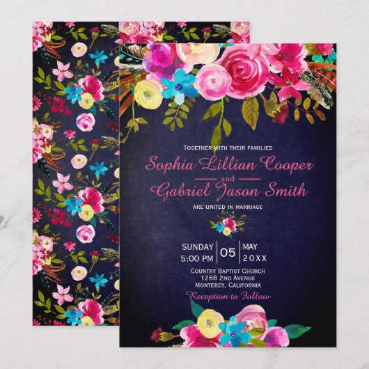 Modern Pink Floral Navy Blue Typography Wedding Kaart (Voorkant / Achterkant)