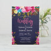 Modern Pink Floral Navy Blue Typography Wedding Kaart (Staand voorkant)