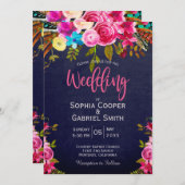 Modern Pink Floral Navy Blue Typography Wedding Kaart (Voorkant / Achterkant)