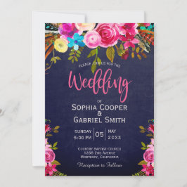 Modern Pink Floral Navy Blue Typography Wedding Kaart