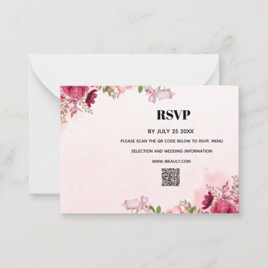 Modern Pink Floral QR Code Wedding RSVP Card Notitiekaartje (Voorkant)