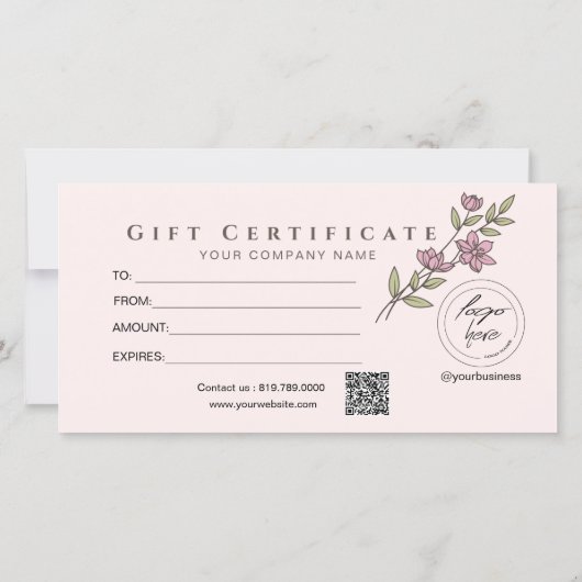 Modern Pink Floral Toevoegen Logo Cadeaubon (Achterkant)