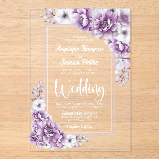 Modern Pink Floral Wedding Acryl Uitnodigingen (Voorkant)