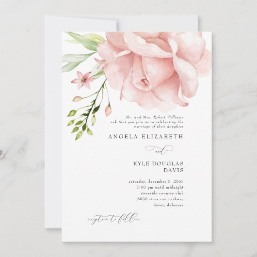 Modern Pink Floral Wedding Invitation Kaart (Voorkant)