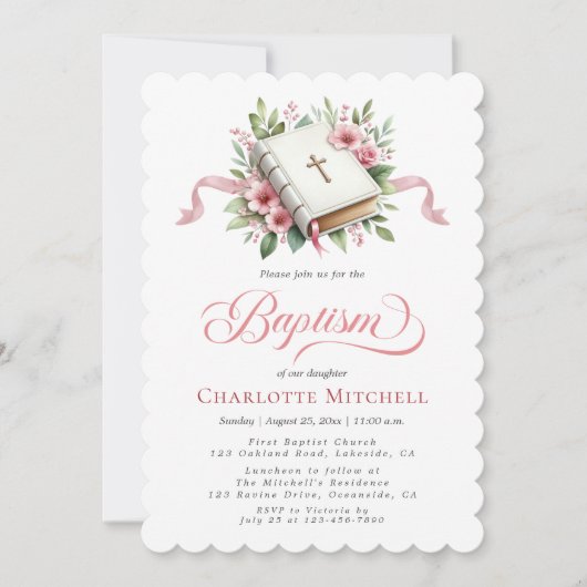 Modern Pink Flower Baptism Invitation Kaart (Voorkant)