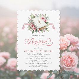 Modern Pink Flower Baptism Invitation Kaart