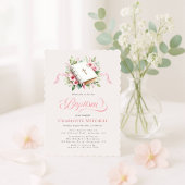 Modern Pink Flower Baptism Invitation Kaart