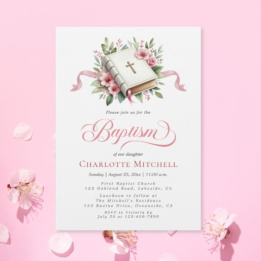 Modern Pink Flower Bible Baptism Kaart