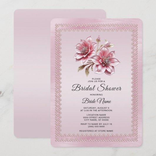 Modern Pink Flowers Bridal Shower Invitation Kaart (Voorkant / Achterkant)