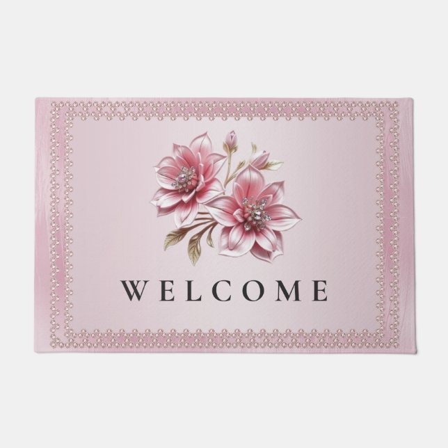 Modern Pink Flowers Doormat Deurmat (Voorkant)