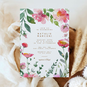 Modern Pink Flowers Gold Garden Girl Baby shower Kaart