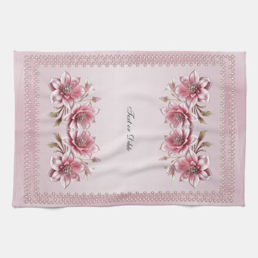 Modern Pink Flowers Kitchen Towel Theedoek (Horizontaal)