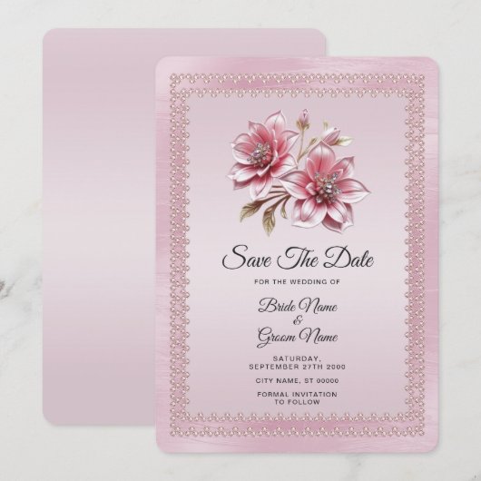 Modern Pink Flowers Save The Date (Voorkant / Achterkant)