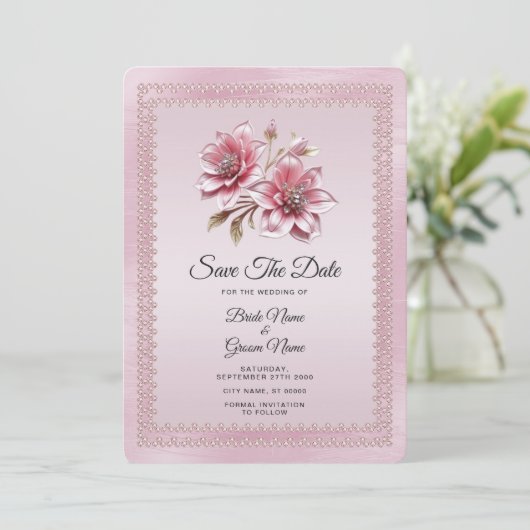 Modern Pink Flowers Save The Date (Staand voorkant)