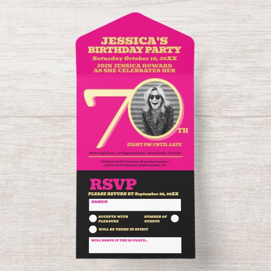  Modern pink foil two photos 70th Birthday All In One Uitnodiging (Binnenkant)