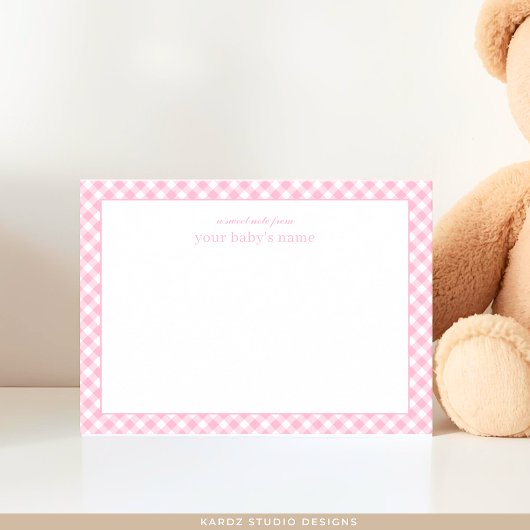 Modern Pink Gingham Baby Nursery Note Kaart Notitiekaartje