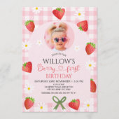 Modern Pink Gingham Heart Berry First Birthday Kaart (Voorkant)