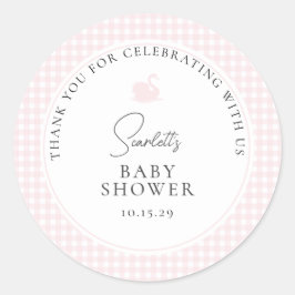 Modern Pink Gingham Swan Baby shower Bedankt Ronde Sticker