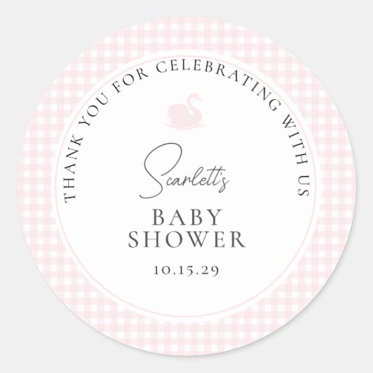 Modern Pink Gingham Swan Baby shower Bedankt Ronde Sticker (Voorkant)