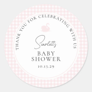 Modern Pink Gingham Swan Baby shower Bedankt Ronde Sticker