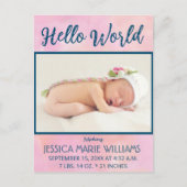 Modern Pink Girl Baby Aankondiging Foto Briefkaart (Voorkant)