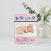 Modern Pink Girl Baby Aankondiging Foto Briefkaart (Staand voorkant)
