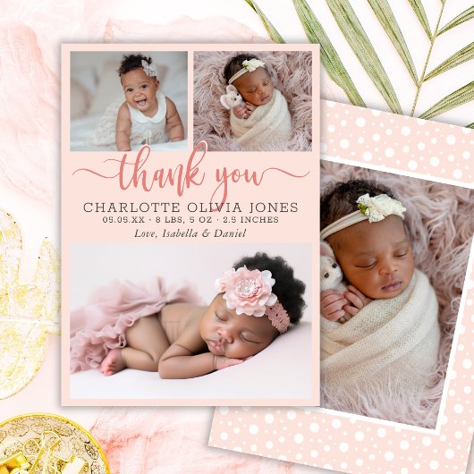 Modern Pink Girl Birth Photo Collage Announcement Aankondiging
